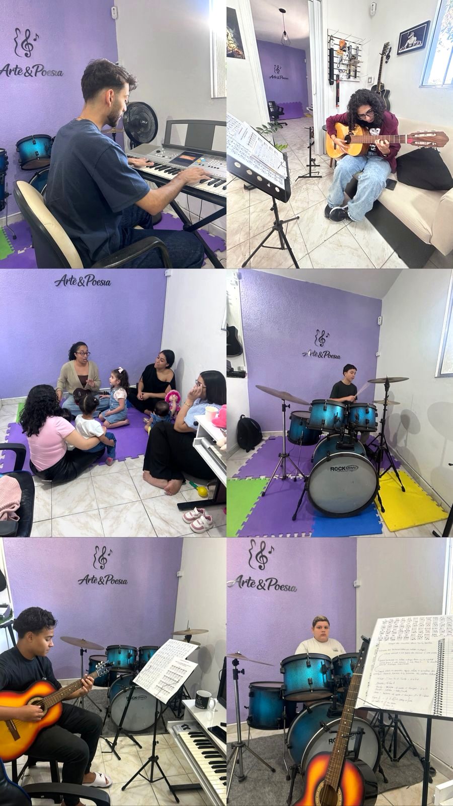 Mosaico com salas da Escola de Música Arte & Poesia: teclado, violão, musicalização infantil e bateria